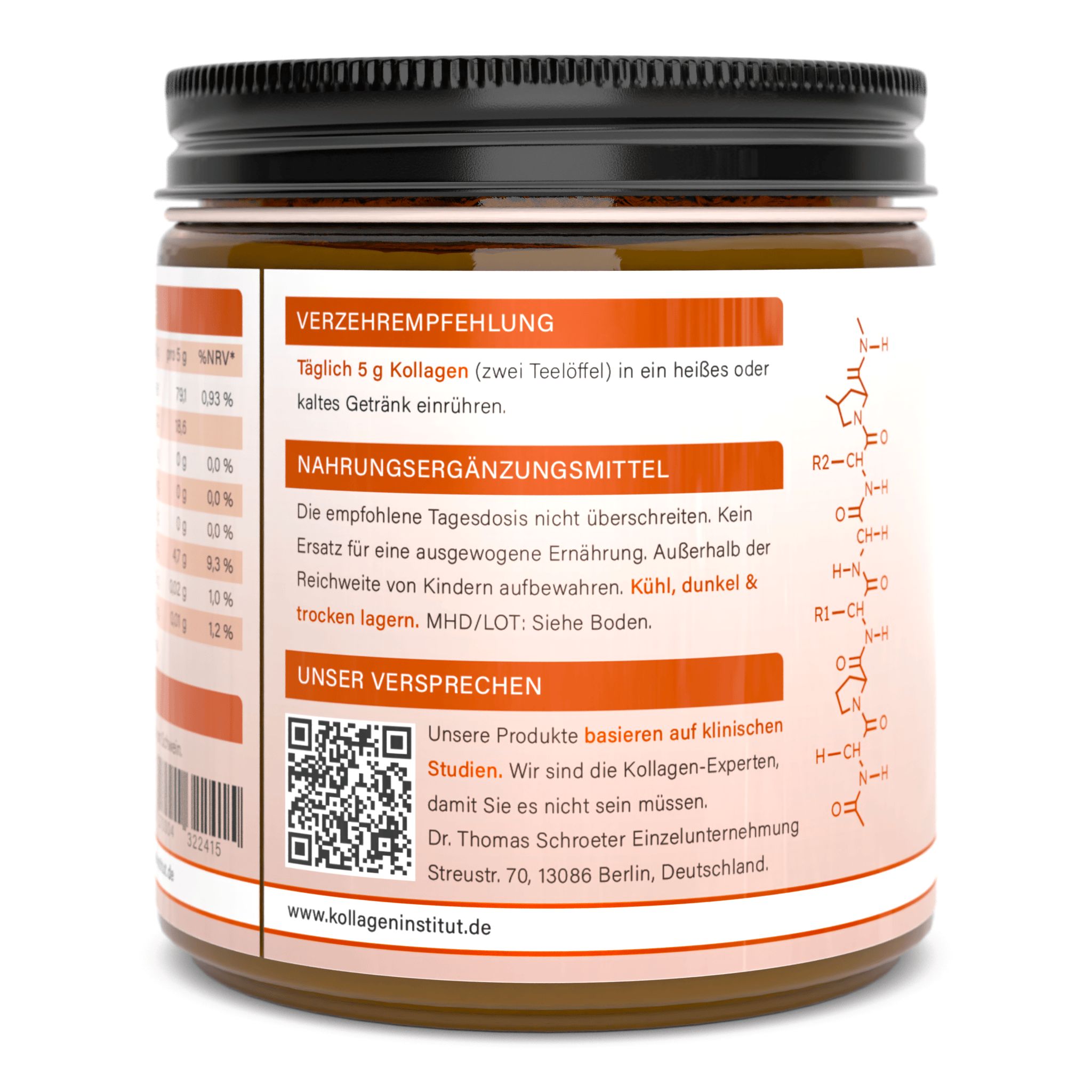 Retro di un barattolo di vetro marrone. Testo: consigli per l'uso, informazioni nutrizionali, tabella nutrizionale, codice QR, informazioni di contatto.