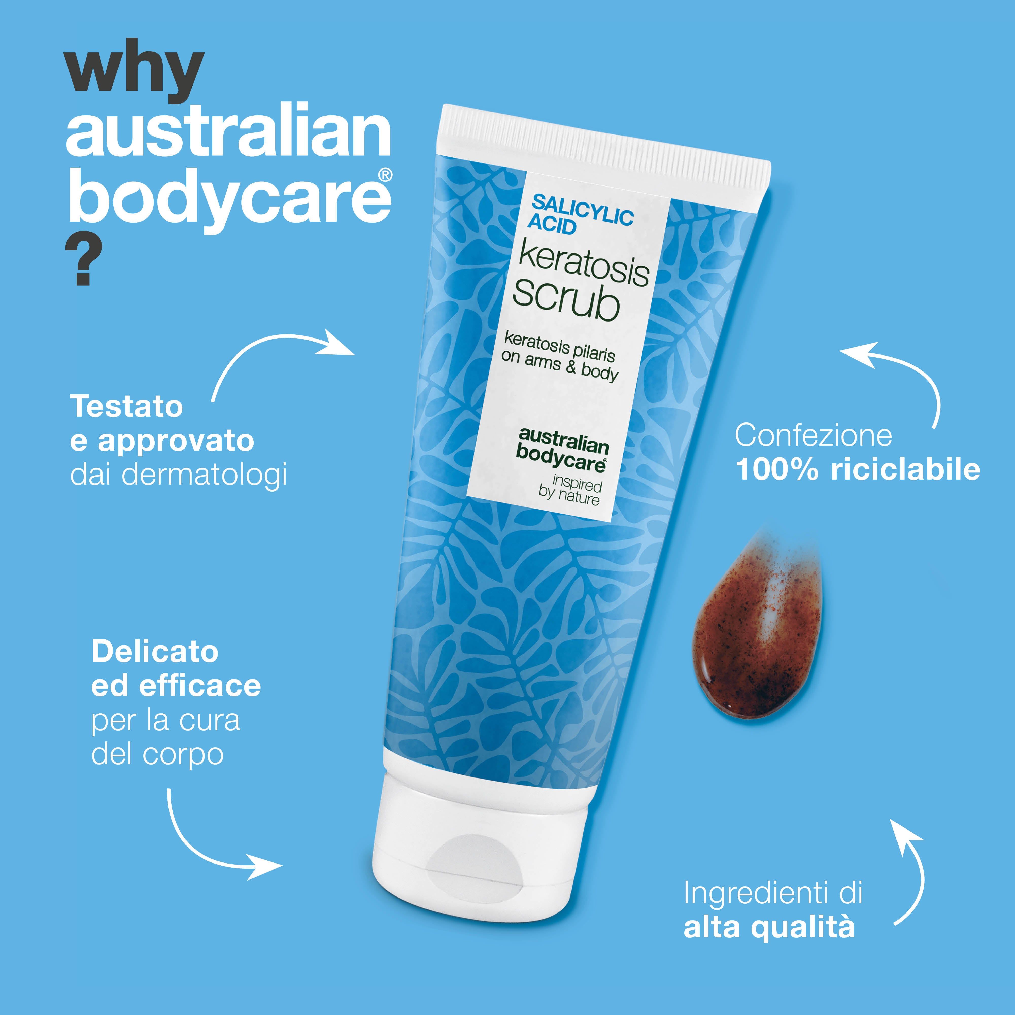 Tubo di prodotto con testo: Salicylic Acid Keratosis Scrub. Marchio: Australian Bodycare. Testo: Confezione 100% riciclabile.