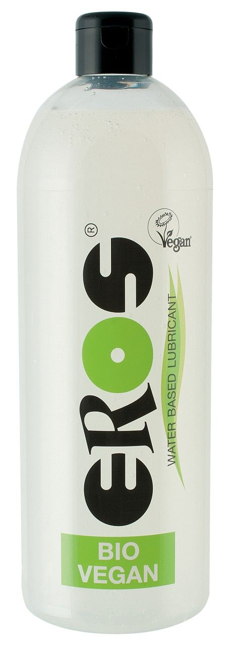 Lubrificante Eros: formula a base d'acqua, certificato Bio & Vegan. Flacone trasparente con tappo nero.
