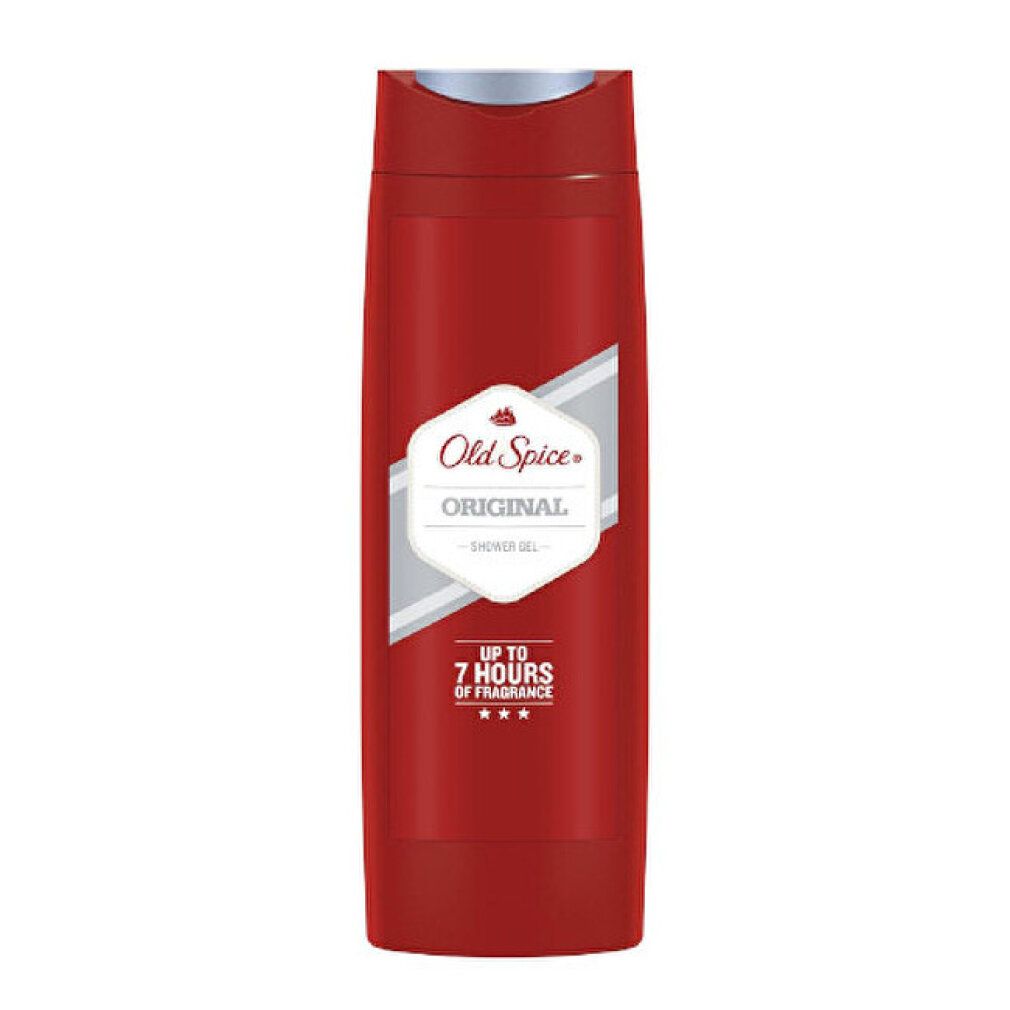 Flacone di gel doccia rosso con etichetta bianca. Scritta: Old Spice Original Duschgel. Testo: Fino a 7 ore di profumo.