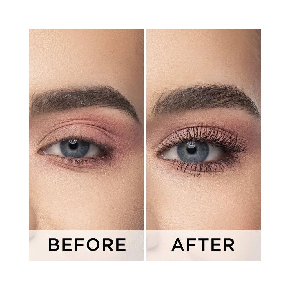 Confronto prima-dopo. Un occhio senza e con il mascara Artdeco Amazing Effect. Scritta: BEFORE, AFTER.