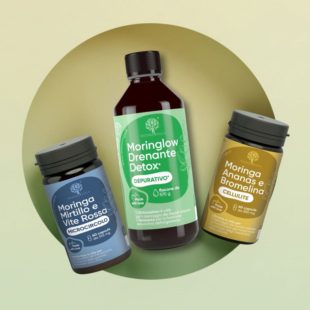 Tre contenitori di prodotti. Una bottiglia e due flaconi di capsule. Testo: Moringa, Microcircolo, Cellulite, Depurativo.