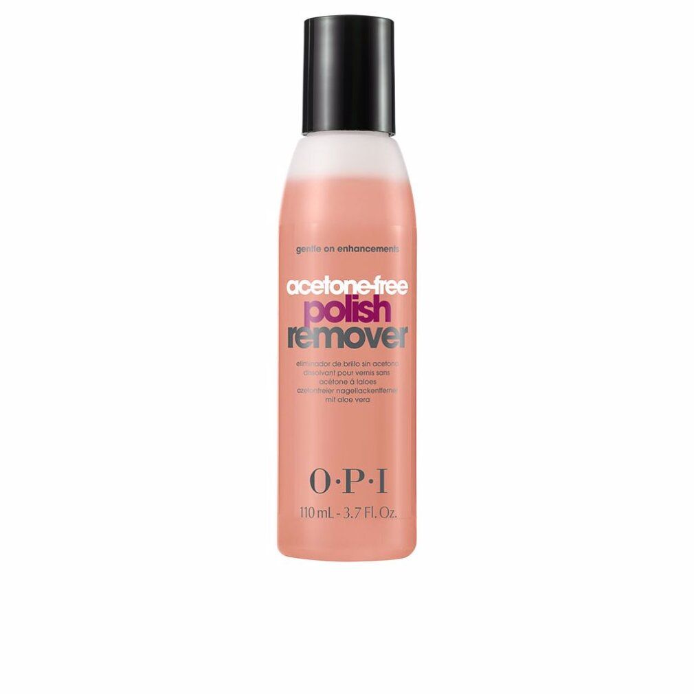 Solvente per unghie OPI, flacone con liquido rosa, tappo nero. Scritta "acetone-free polish remover".