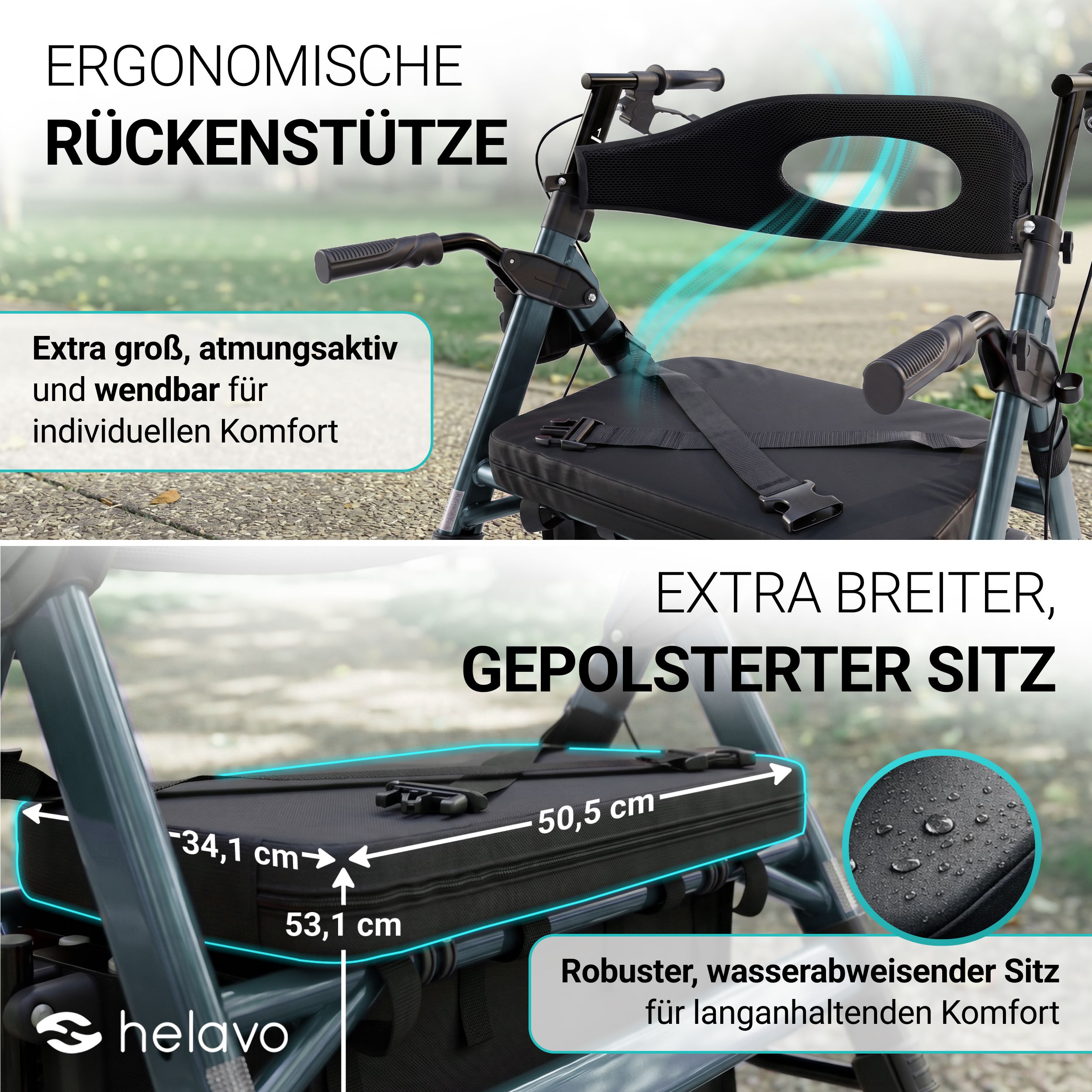 Un deambulatore con capacità di carico di 227 kg e larghezza di 72 cm, costruito per robustezza e stabilità.