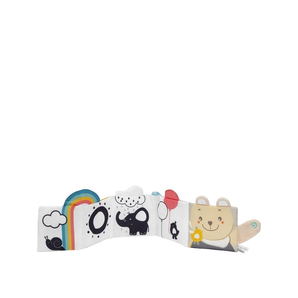 Libro attività morbido con motivi animali e naturali. Illustrazioni in bianco e nero. Arcobaleno, nuvole, elefante, orso e palloncini.