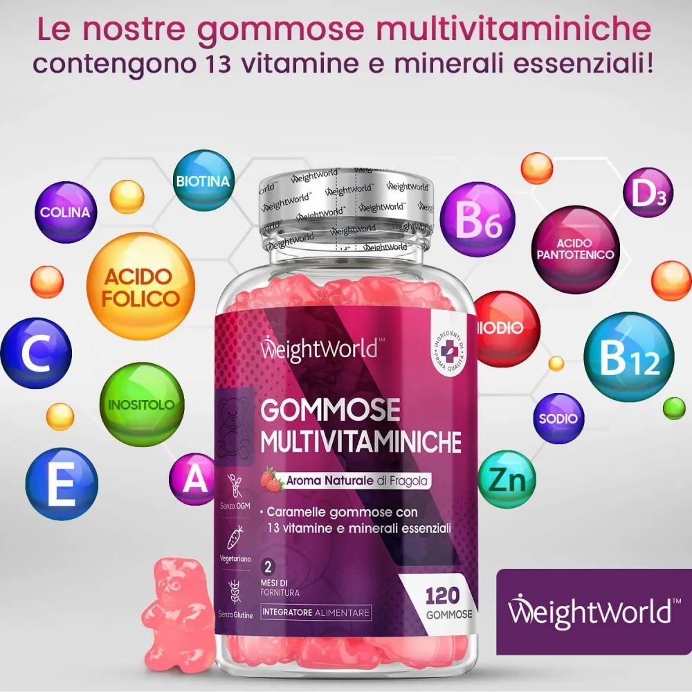 WeightWorld Gommose Multivitaminiche. 120 caramelle gommose. 13 vitamine e minerali. Gusto fragola. Ingredienti.