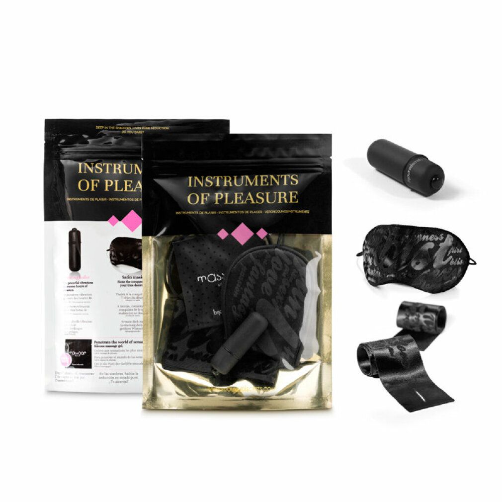 Due sacchetti neri con nome del prodotto. Vibratore, maschera per gli occhi e nastro neri separati.