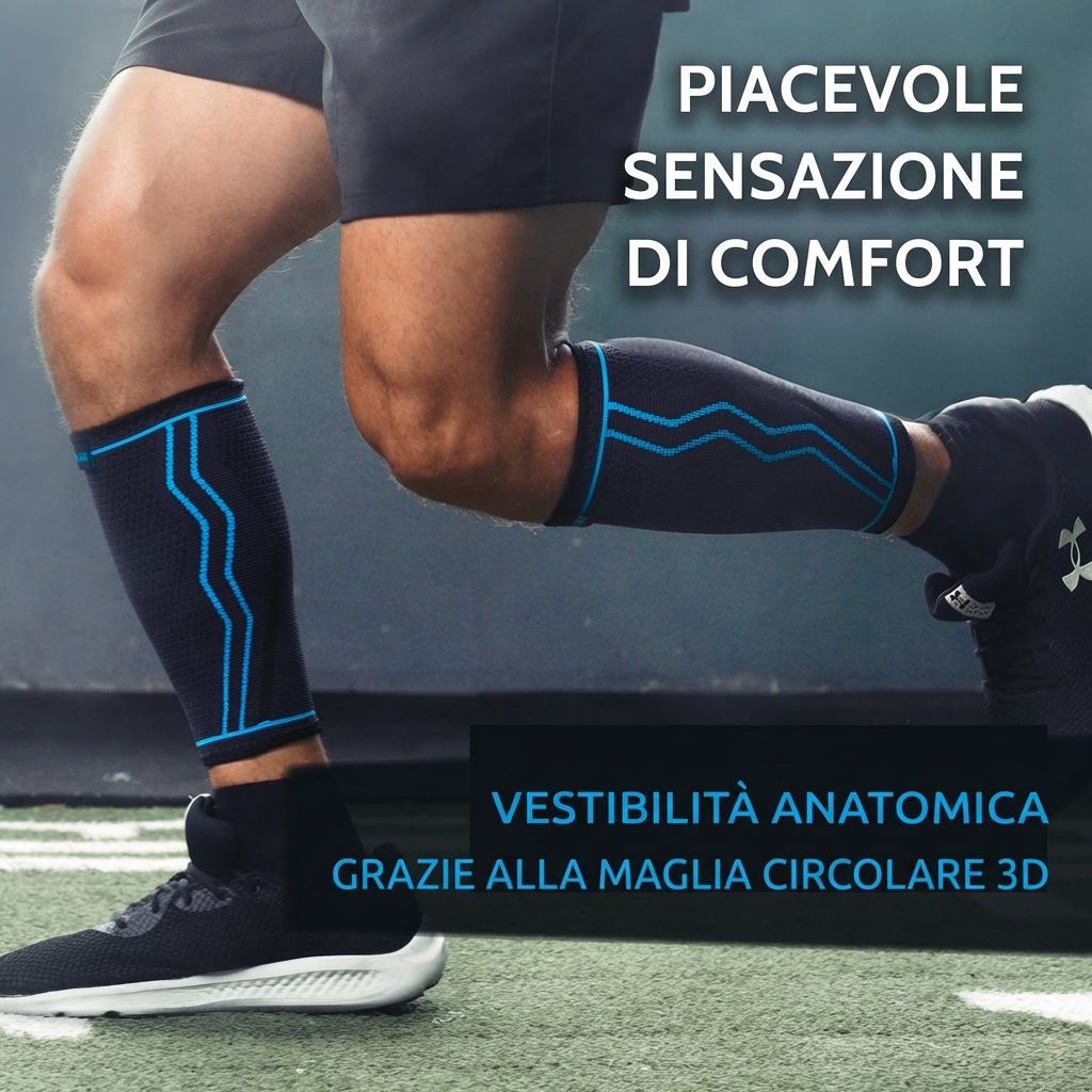 Donna che si allena in palestra. Bendaggio per polpaccio nero con dettagli blu. Reggiseno sportivo.