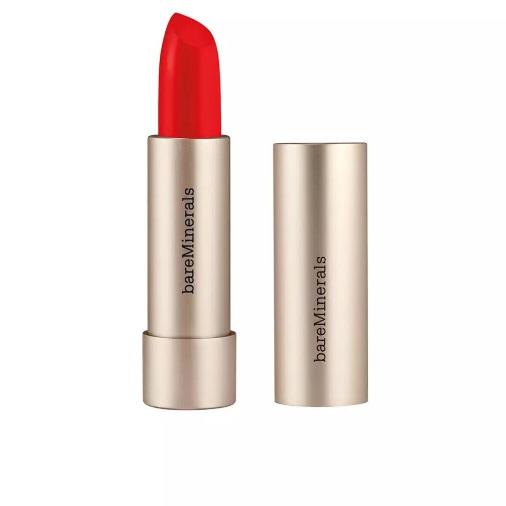 Rossetto rosso, aperto. Astuccio dorato con scritta bareMinerals. Stick di rossetto visibile.