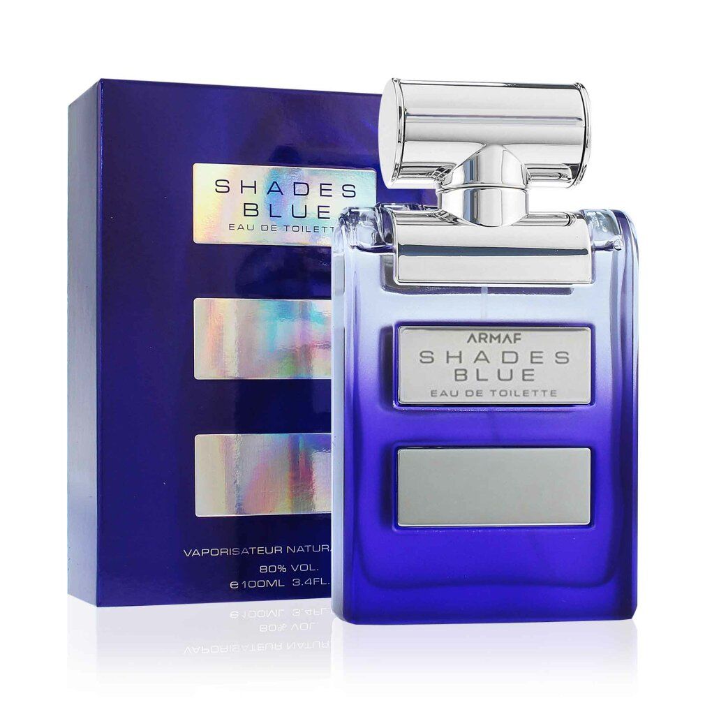 Spray Eau de Toilette blu con confezione. Scritta: SHADES BLUE, EAU DE TOILETTE. Flacone e confezione blu.