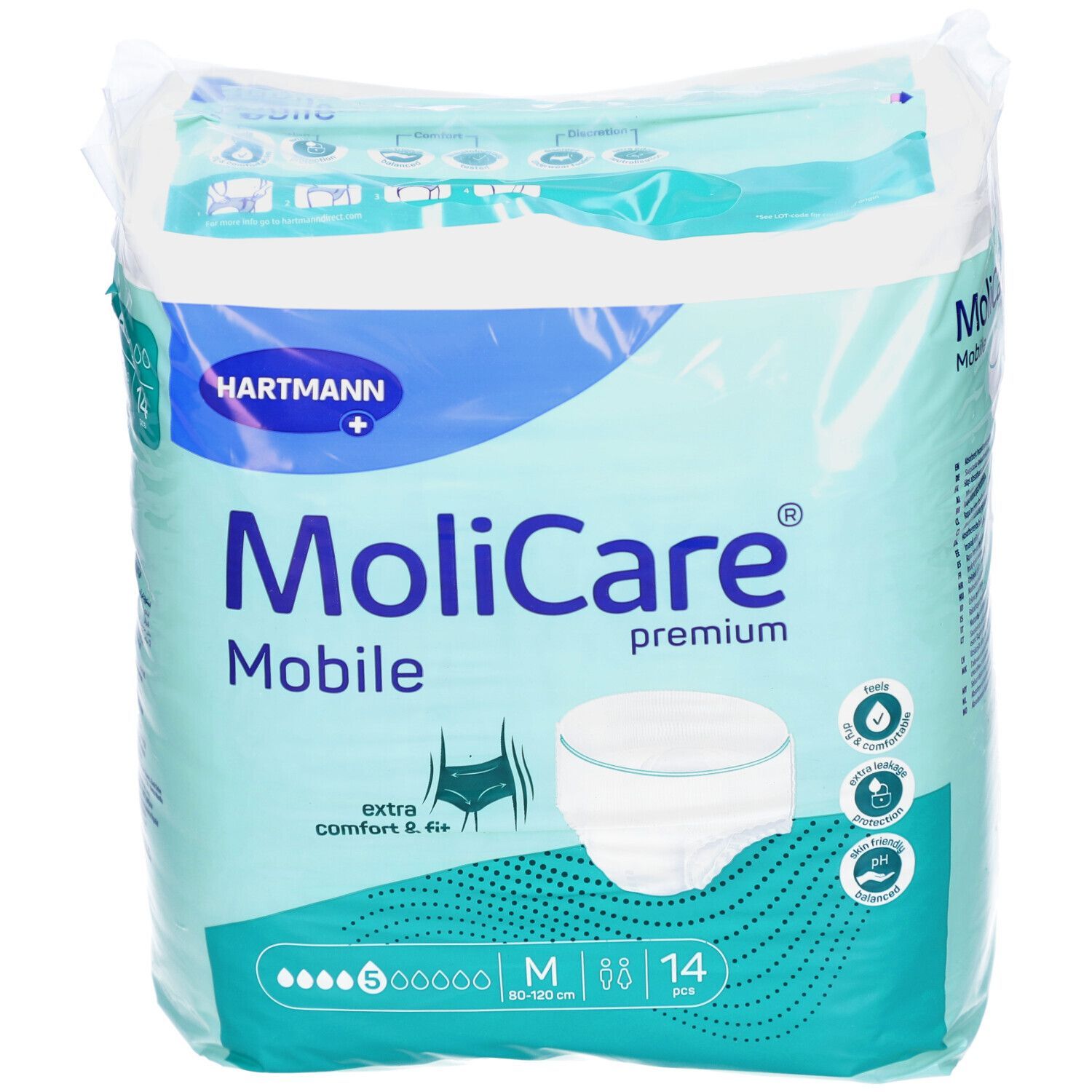 Confezione di Hartmann MoliCare Mobile Premium Pants. Taglia M, 88 cm, 14 pezzi. Verde e bianco. Logo Hartmann.