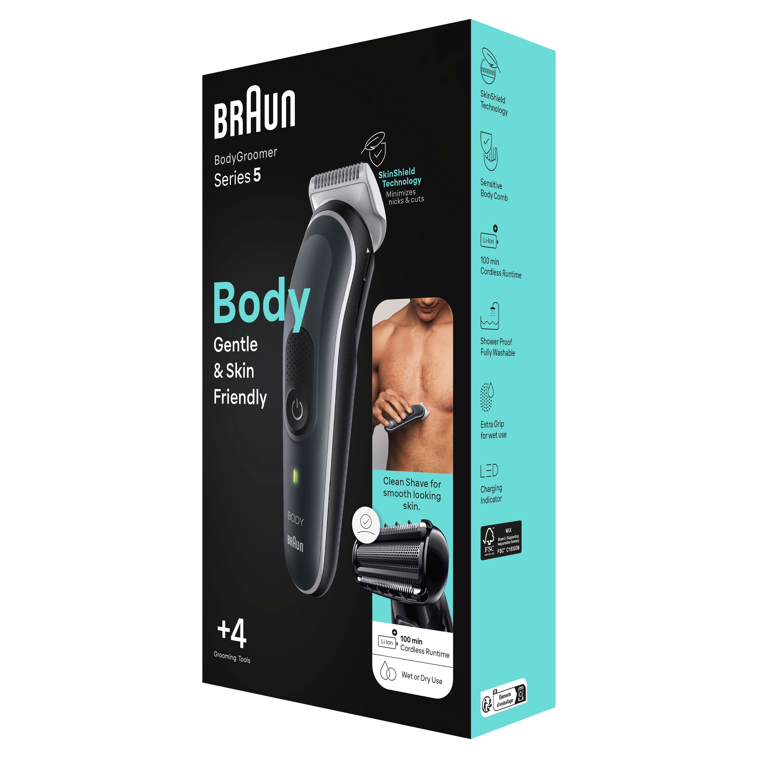 Braun BodyGroomer Series 5 grigio. Confezione nera con immagine e testo. Include +4 accessori. Mostra le caratteristiche e l'uso del prodotto.