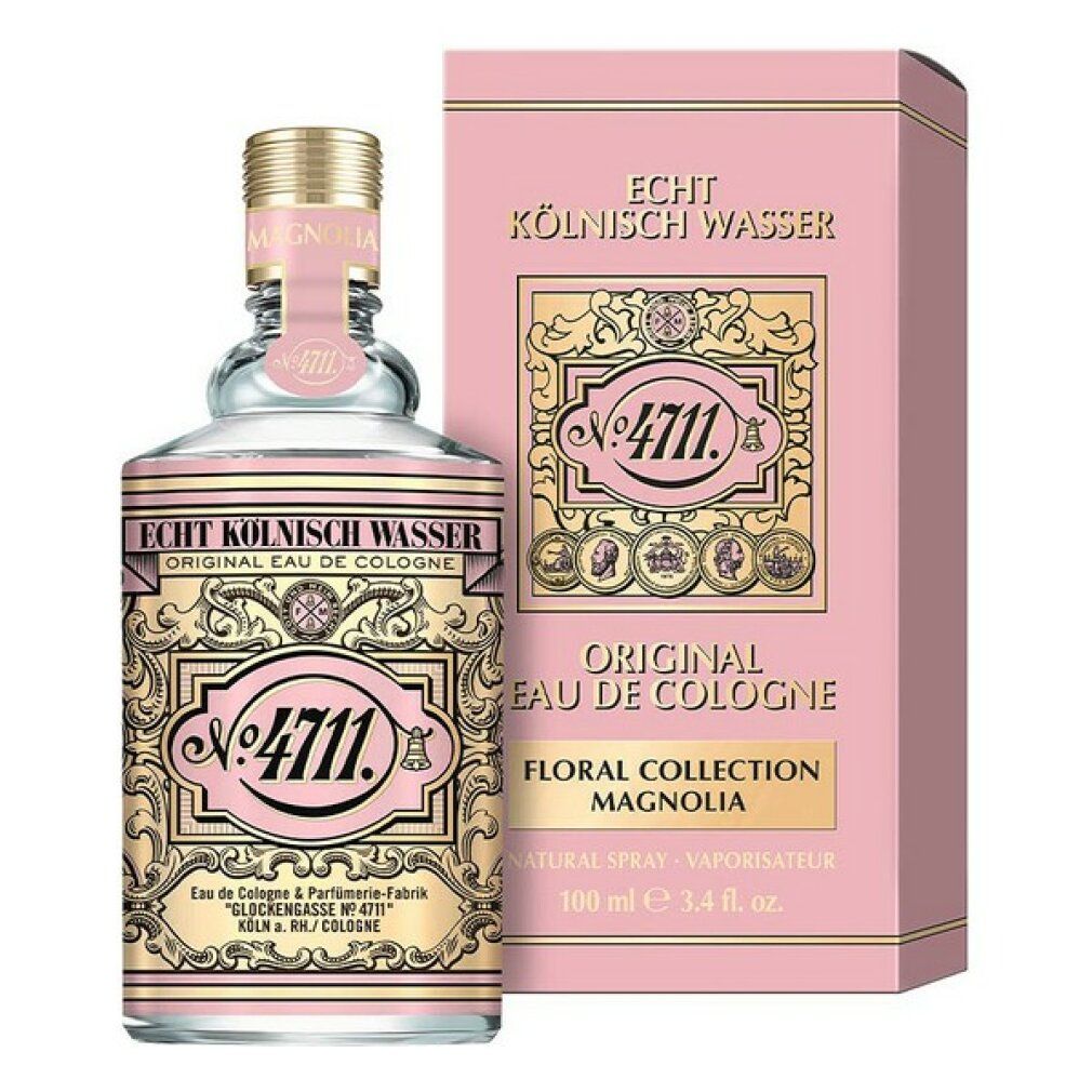 Flacone e confezione di eau de cologne. Etichette rosa e oro. Scritta: Floral Collection Magnolia.