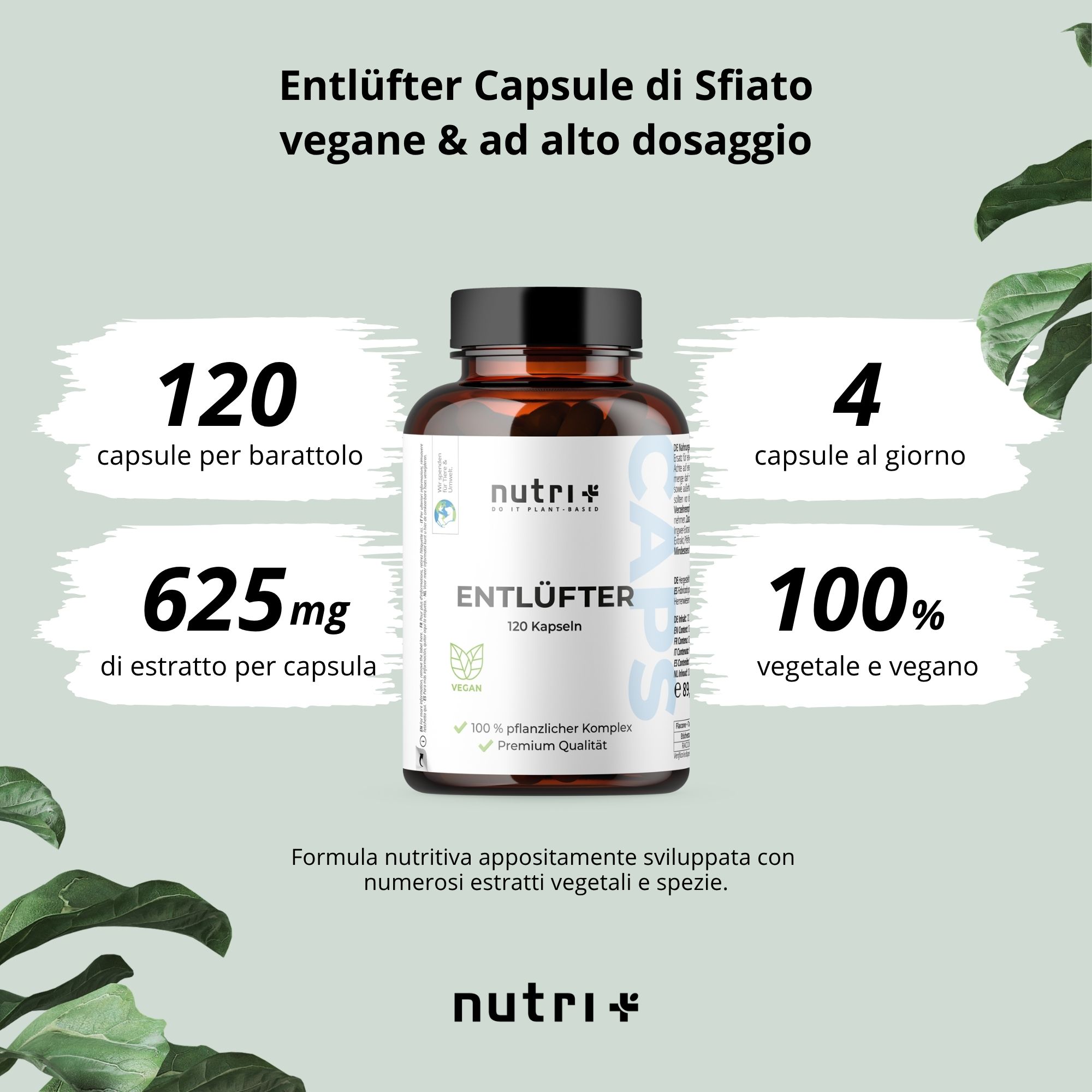 Flacone marrone con scritta: Entlüfter, 120 capsule. 100% vegetale. 4 capsule al giorno.