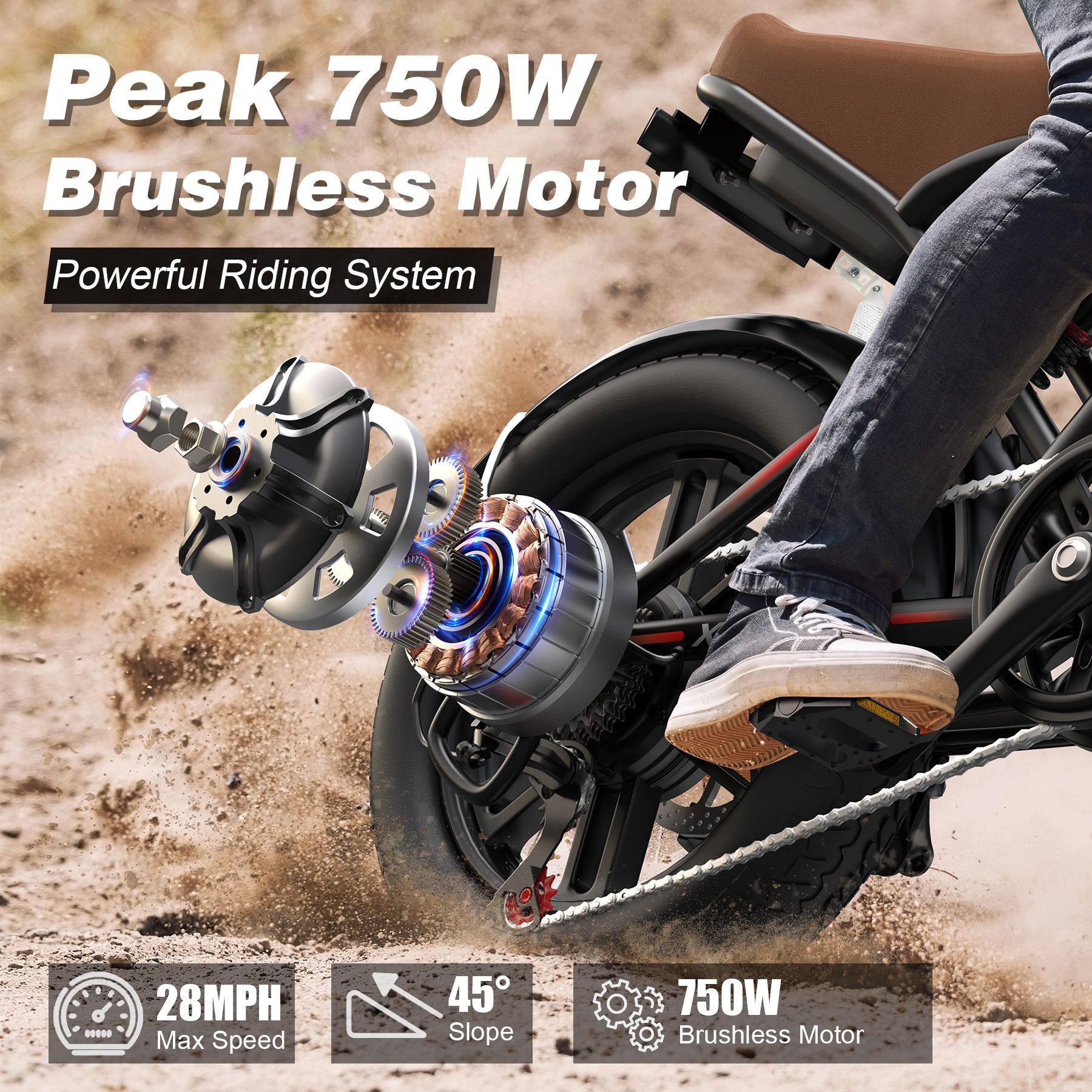Primo piano del motore di una e-bike VARUN X-Plorer. Testo: Peak 750W Brushless Motor, 28MPH Max Speed, 45° Slope.