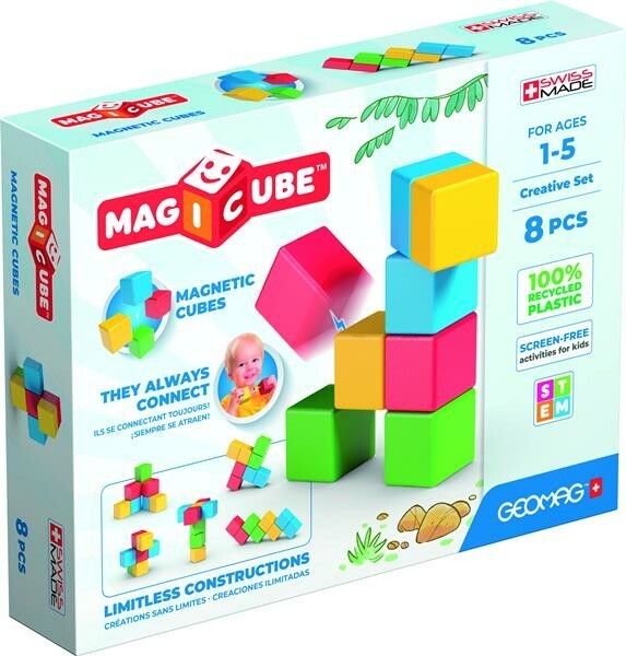 Scatola Geomag MAGICUBE con 8 cubi magnetici. Colori: rosso, giallo, verde, blu. Età: 1-5 anni. 100% plastica riciclata.