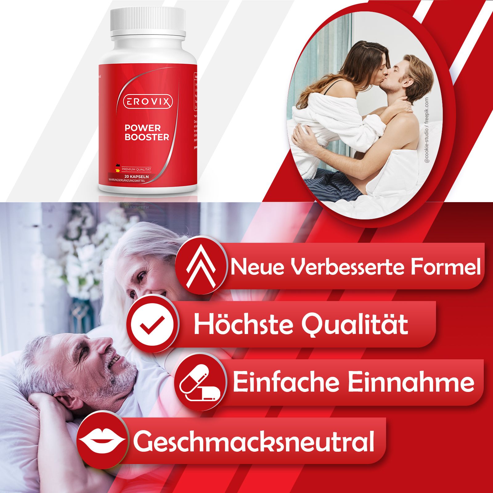Flacone rosso con tappo bianco. Scritta: EROVIX, POWER BOOSTER. 20 capsule. Sfondo: coppie, testo: Nuova formula migliorata, alta qualità.