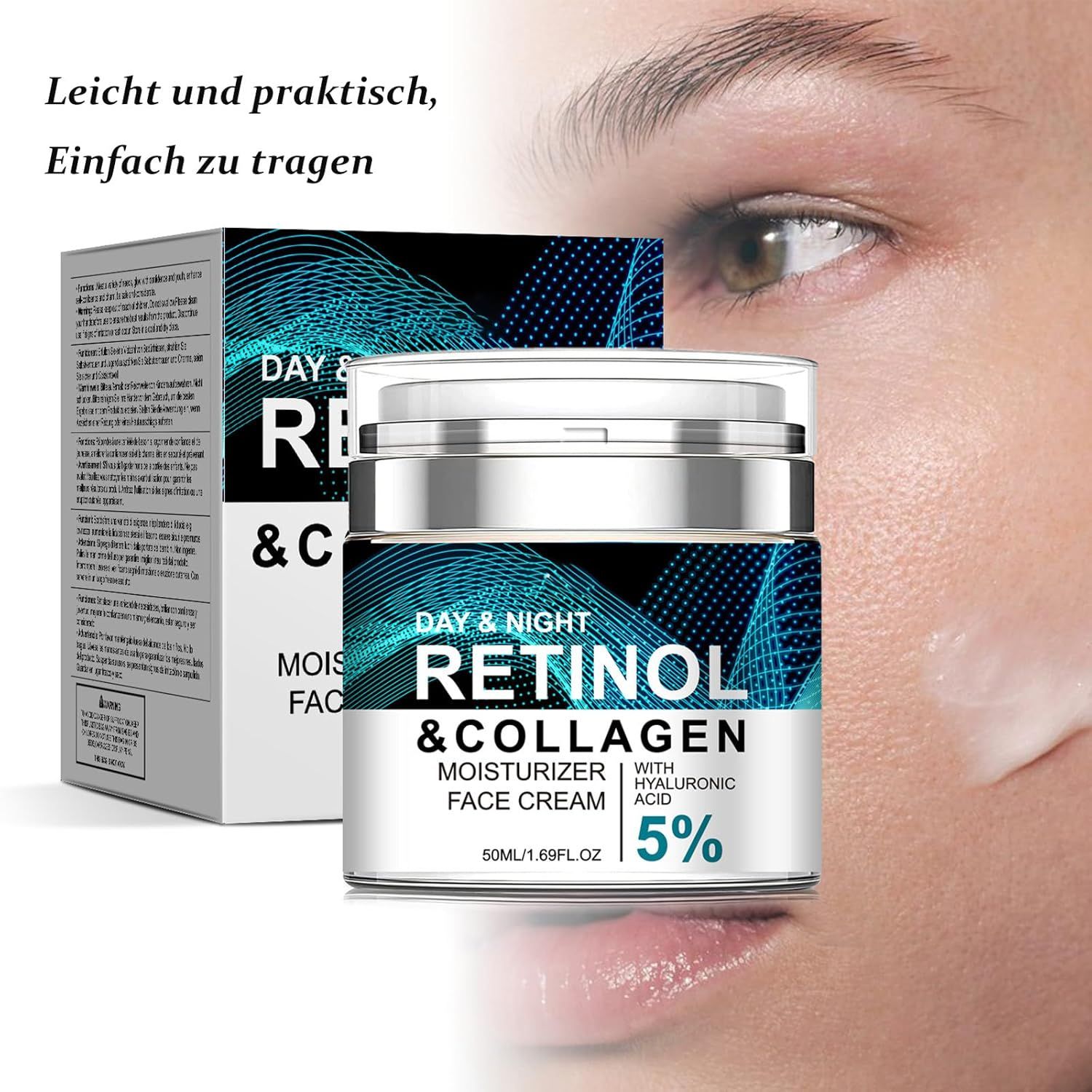 Crema viso Soleneva Retinolo & Collagene con confezione e primo piano di un viso.