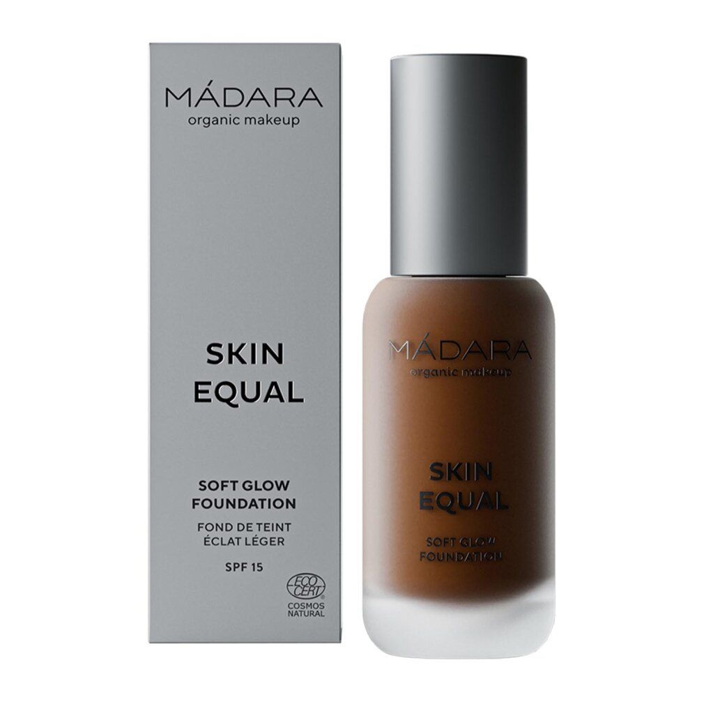 Fondotinta Madara Skin Equal Mocha. Bottiglia e confezione. Scritte: Skin Equal, Soft Glow Foundation, SPF 15. Certificazione Cosmos Natural.