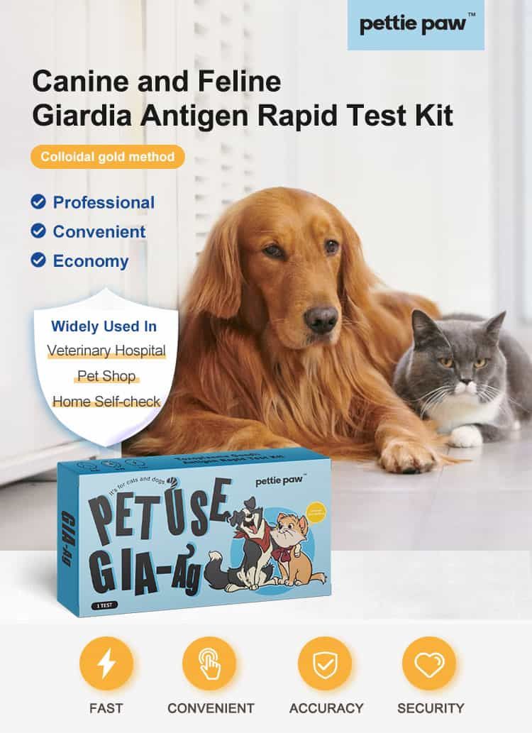 Cane e gatto accanto alla confezione di un test antigenico Giardia. Il testo evidenzia i vantaggi.