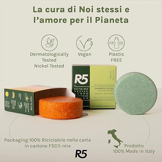 Saponetta arancione e verde, confezione con testo: « Dermatologicamente testato », « Vegan », « Senza plastica » e « R5 ». Made in Italy.