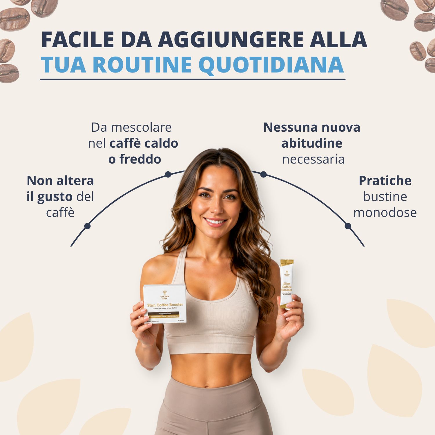 Donna con confezione e bustina singola di Golden Tree Slim Coffee Booster.