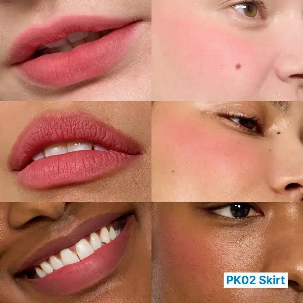 Vari volti con labbra e guance rosa. Testo: PK02 Skirt.
