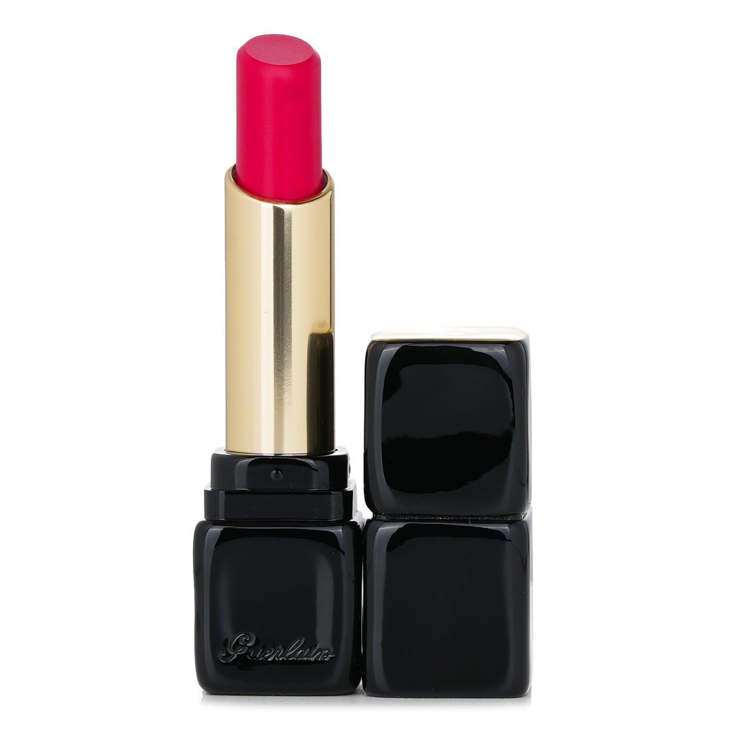 Rossetto rosa acceso, astuccio nero quadrato, aperto. Stelo dorato. Scritta Guerlain sull'astuccio.