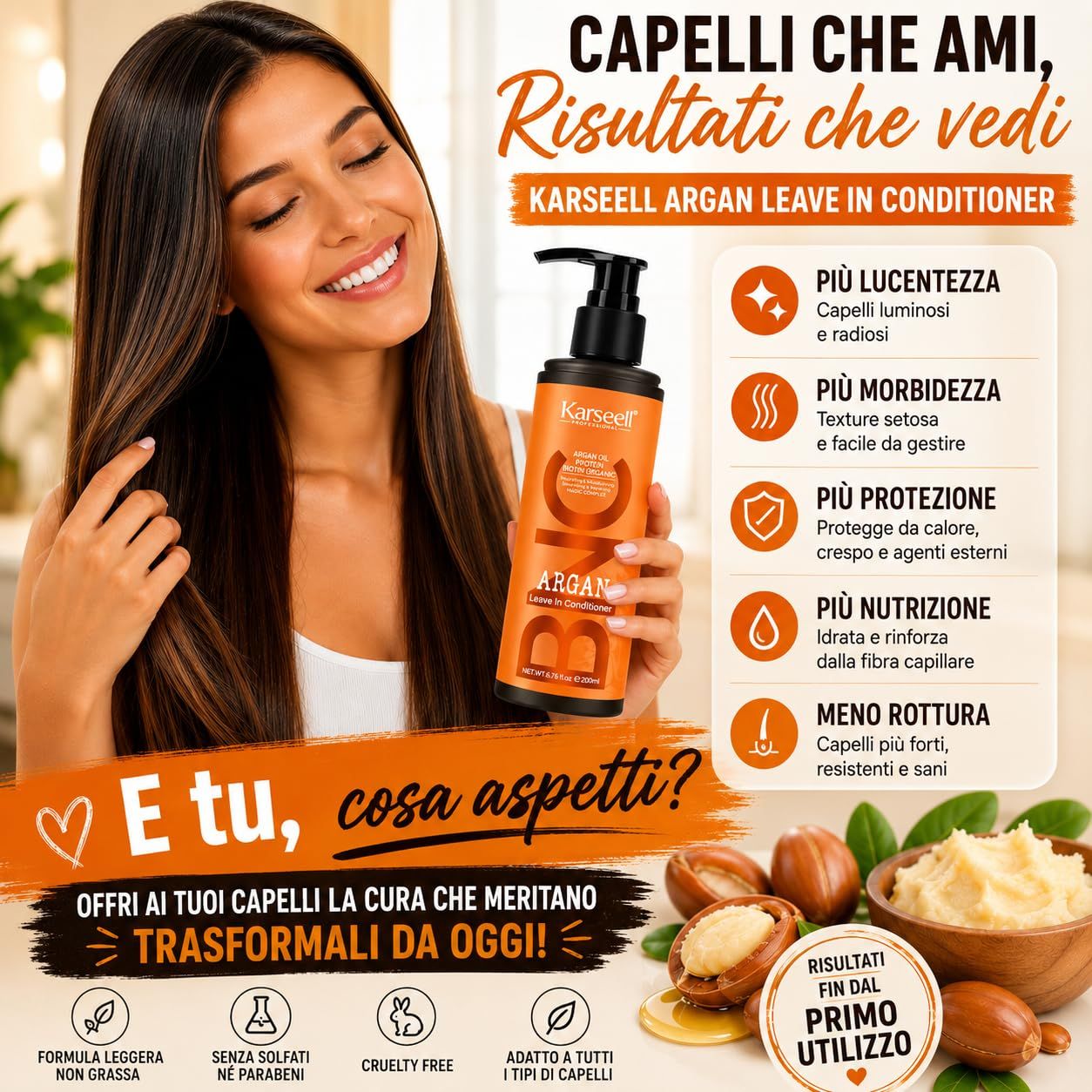 Flacone Karaseell Argan Leave-In Conditioner con erogatore, colore arancione.