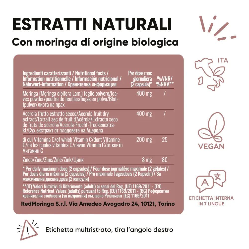 Tabella nutrizionale con informazioni su moringa e acerola. Simboli vegani ed etichetta multilingue.