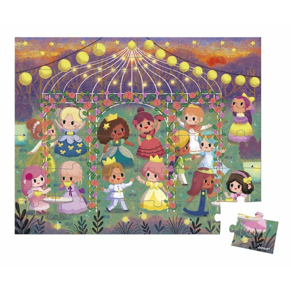 Puzzle Janod, 36 pezzi, principesse. Pezzi raffiguranti principesse sotto luci decorative. Un pezzo separato.