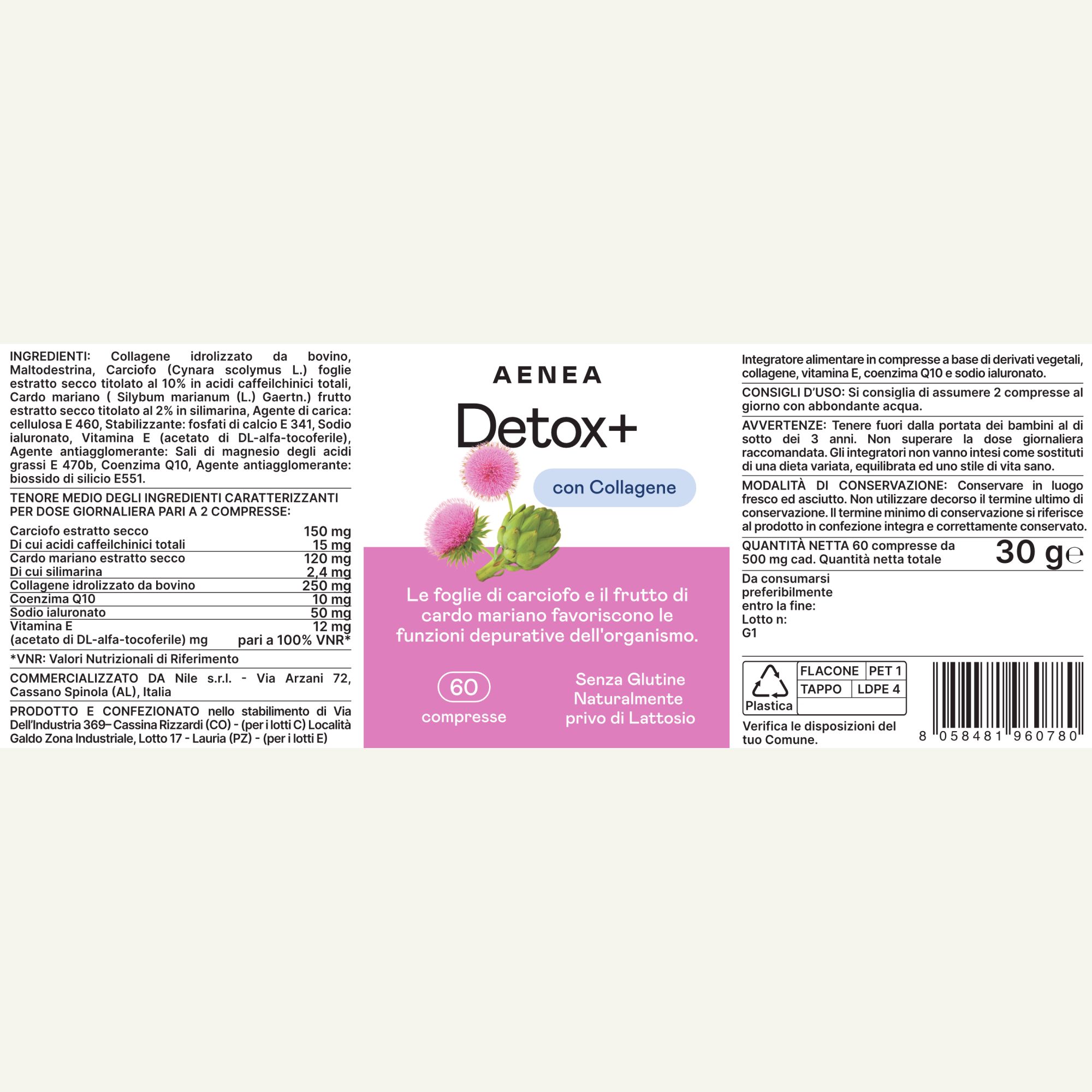 Retro della confezione di compresse Aenea Detox+. Ingredienti, dosaggio, istruzioni per l'uso, avvertenze. 60 compresse.