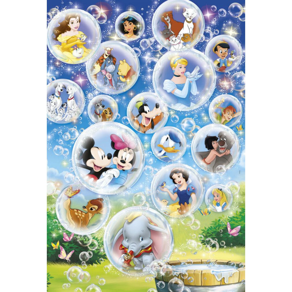 Puzzle Disney completo con personaggi in bolle. 60 pezzi. Personaggi: Topolino, Minnie, Biancaneve. Marca: Clementoni.