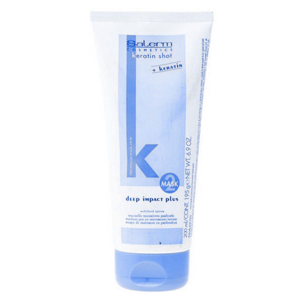 Tubo bianco con tappo blu. Scritta: Salerm Cosmetics Keratin Shot Mask Deep Impact Plus. Logo K.