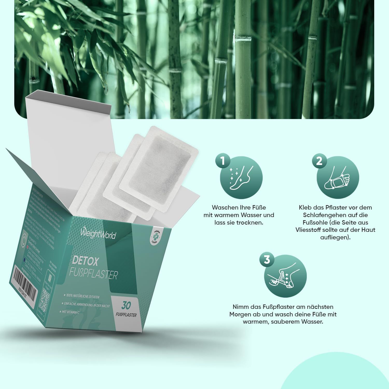 Confezione aperta di Detox Fußpflaster. 30 cerotti. Istruzioni: lavare i piedi, applicare il cerotto, rimuovere al mattino.