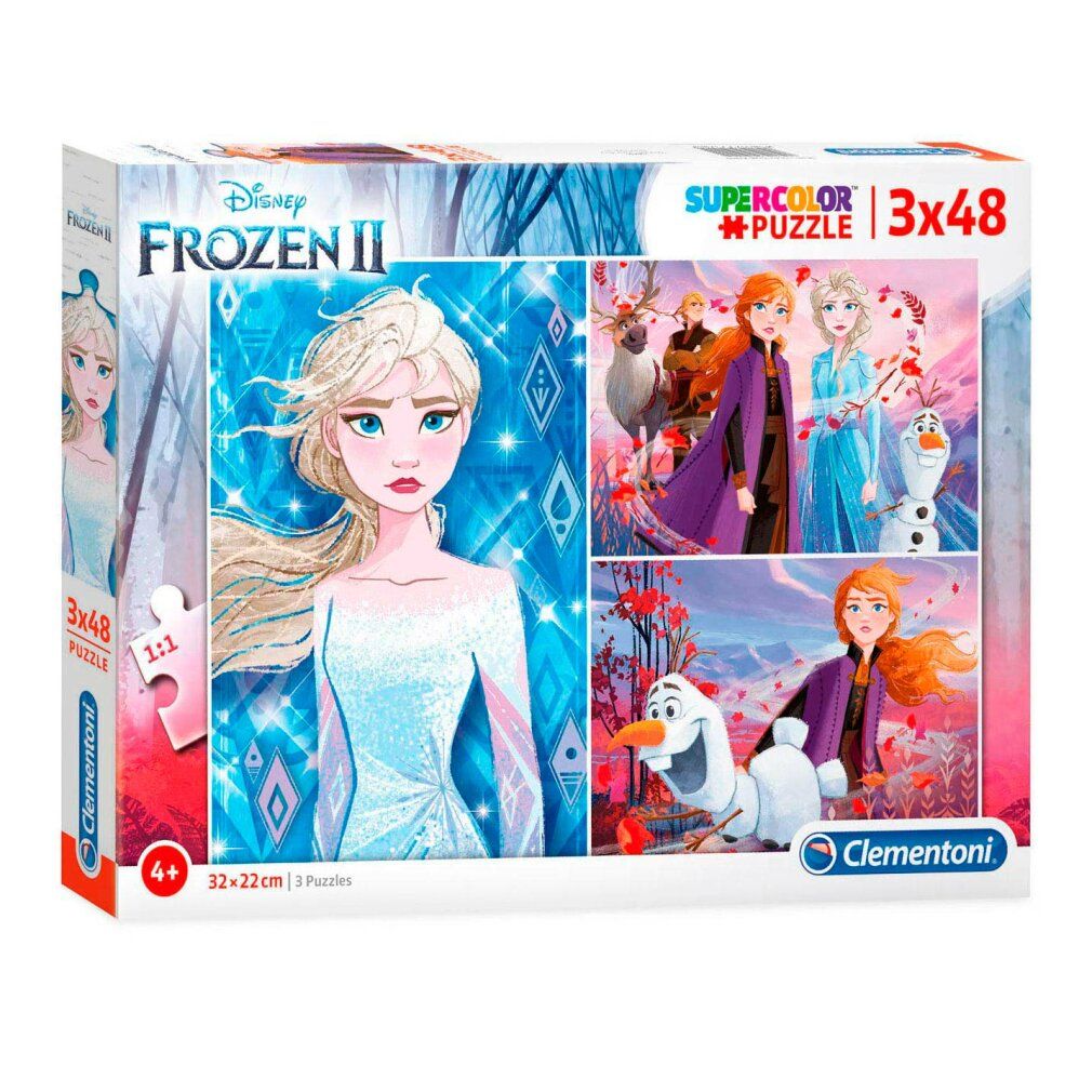 Scatola puzzle Frozen 2. Contiene 3 puzzle da 48 pezzi ciascuno. Marchio Clementoni. Età consigliata: 4+. Dimensioni: 32x22cm.