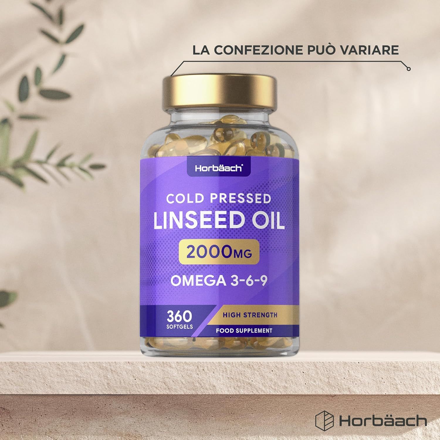 Flacone di capsule. Scritto: Cold Pressed Linseed Oil 2000mg Omega 3-6-9. 360 Softgels. Integratore alimentare.