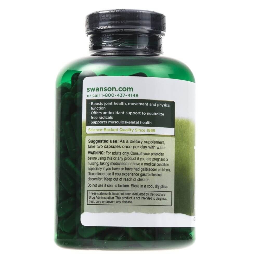 Retro di un flacone verde di capsule di curcuma Swanson. Contiene istruzioni e avvertenze.