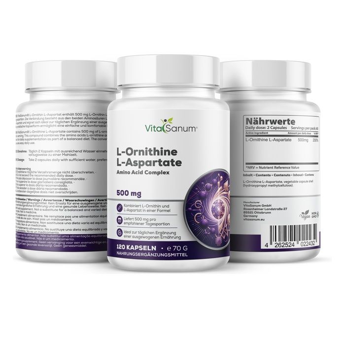 Capsule VitaSanum L-Ornitina L-Aspartato: Tre contenitori, 120 capsule per contenitore, 500 mg per capsula.