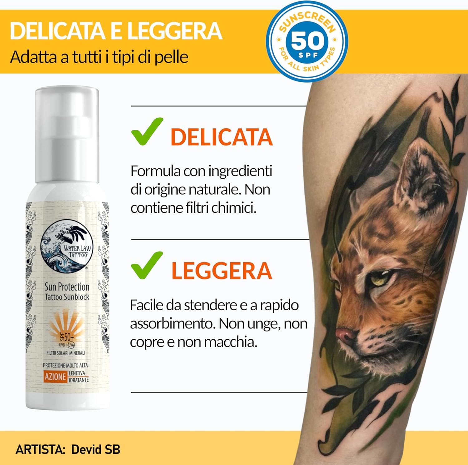 Flacone di crema solare accanto a braccio tatuato. Testo: Delicato e leggero. Adatto a tutti i tipi di pelle. SPF 50+. Non unge.
