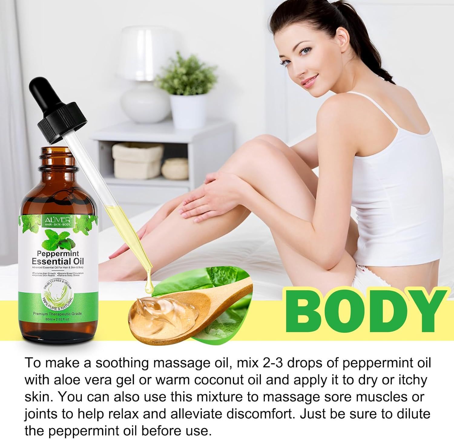 Flacone di vetro marrone con contagocce e olio essenziale. Donna con una gamba. Testo: Peppermint Essential Oil, istruzioni per l'uso.