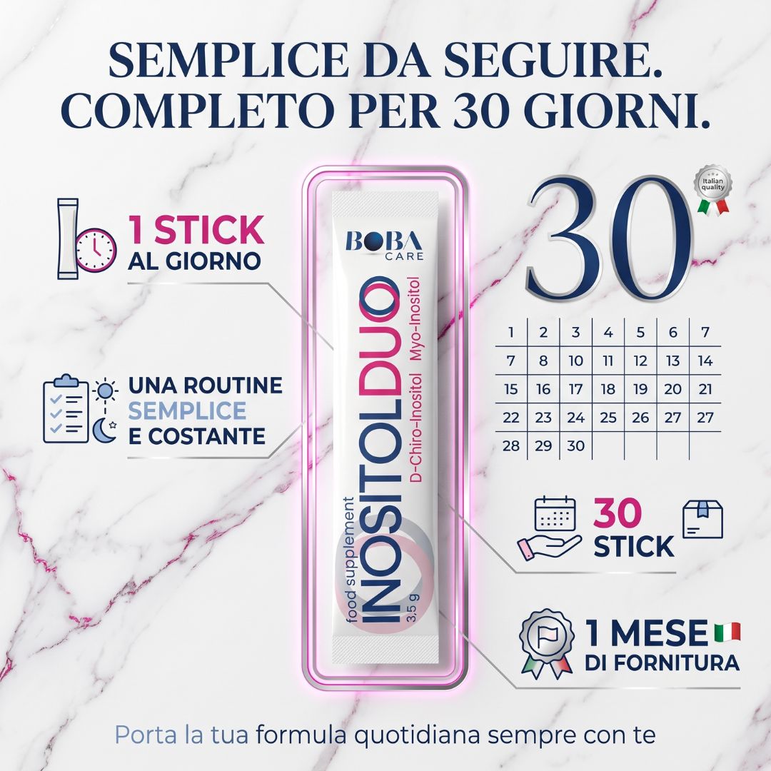 Singolo sacchetto BOBACARE Inositol Duo, 30 bustine per un mese, 1 bustina al giorno.