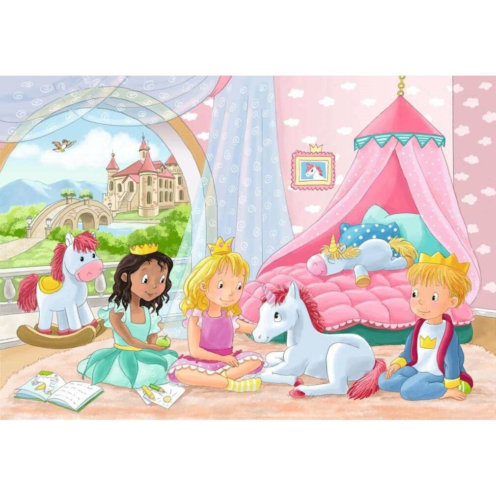 Puzzle: ragazze con unicorni in una stanza. Castello sullo sfondo, letto a baldacchino rosa, ragazze con corone.