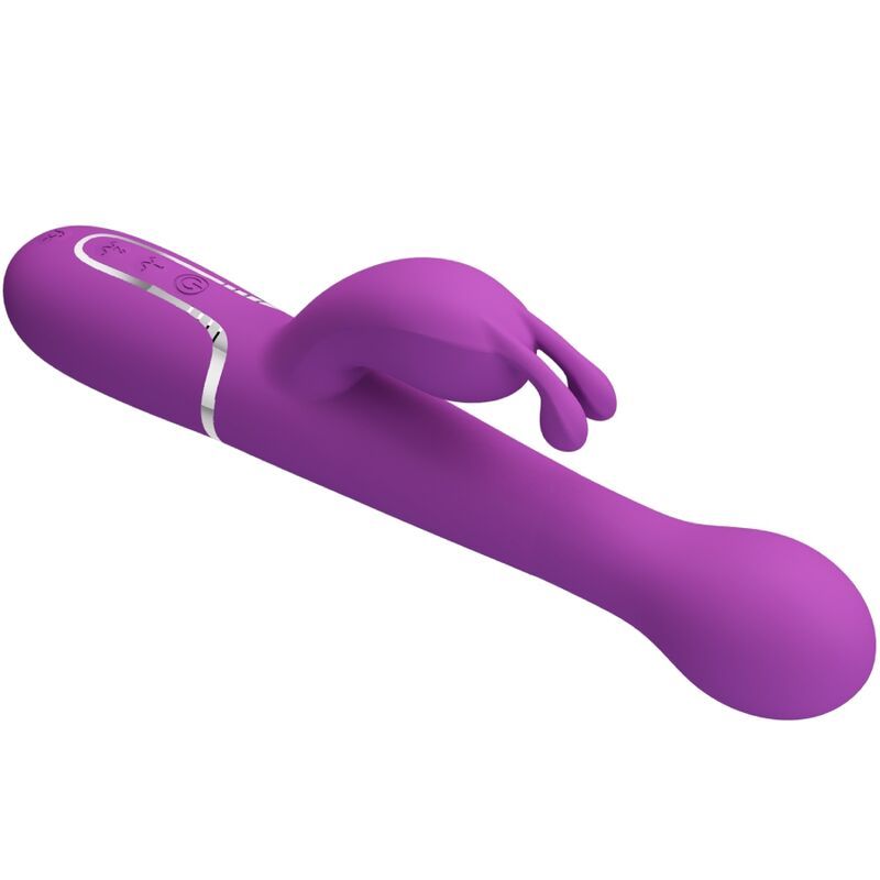 Vibratore coniglio viola, vista tre quarti laterale con controlli argentati.