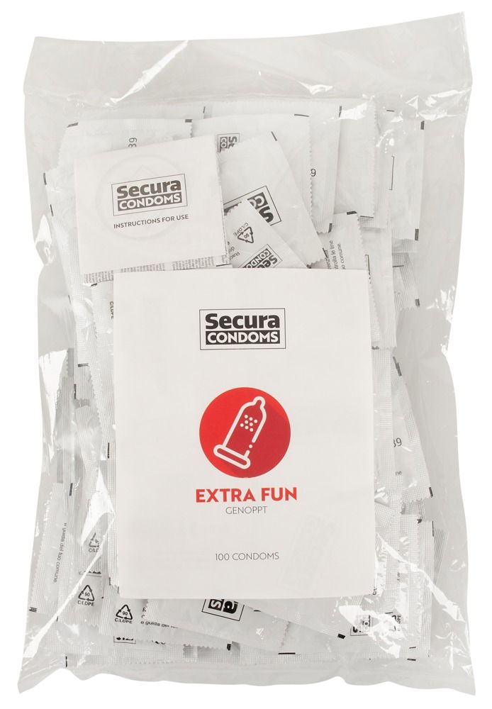 Preservativi Secura Extra Fun, 100 unità, in confezione trasparente.