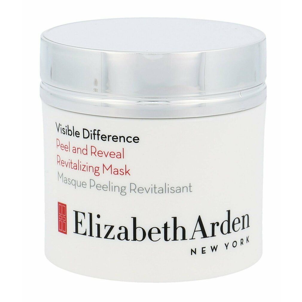 Vaso bianco con coperchio argentato. Scritta: Visible Difference, Peel and Reveal, Revitalizing Mask. Logo e scritta Elizabeth Arden.