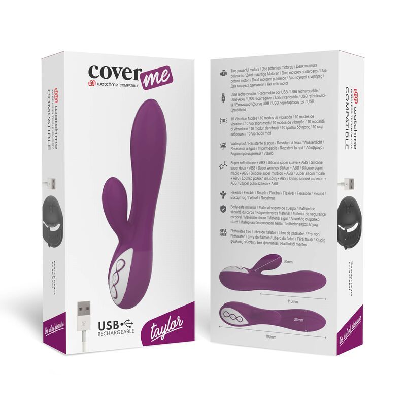 Confezione e vibratore viola. La confezione mostra l'immagine del prodotto, la funzione di ricarica USB e le dimensioni.