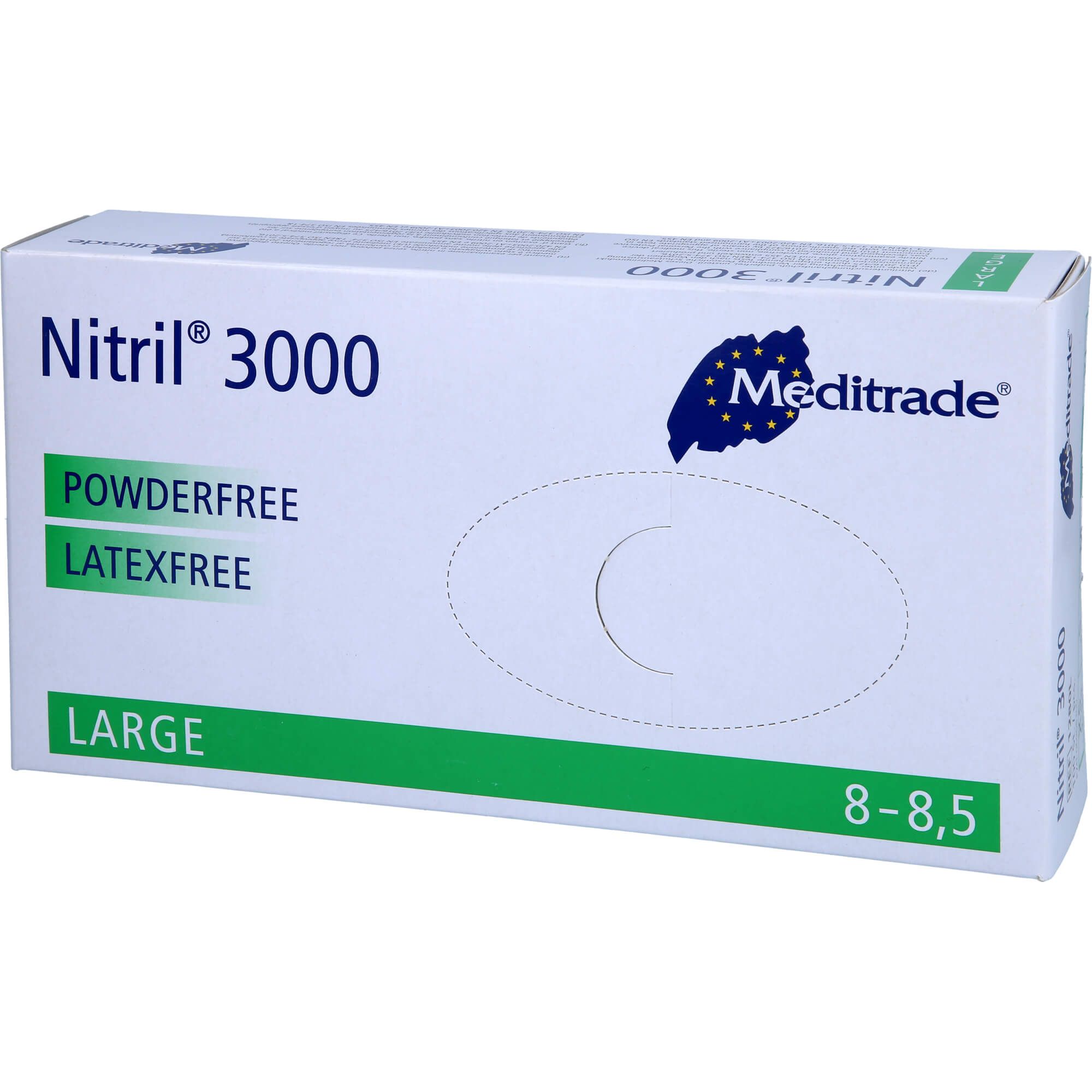 Scatola di guanti Nitril® 3000. Senza polvere, senza lattice. Taglia: Large. Marca: Meditrade. Taglia 8-8,5.
