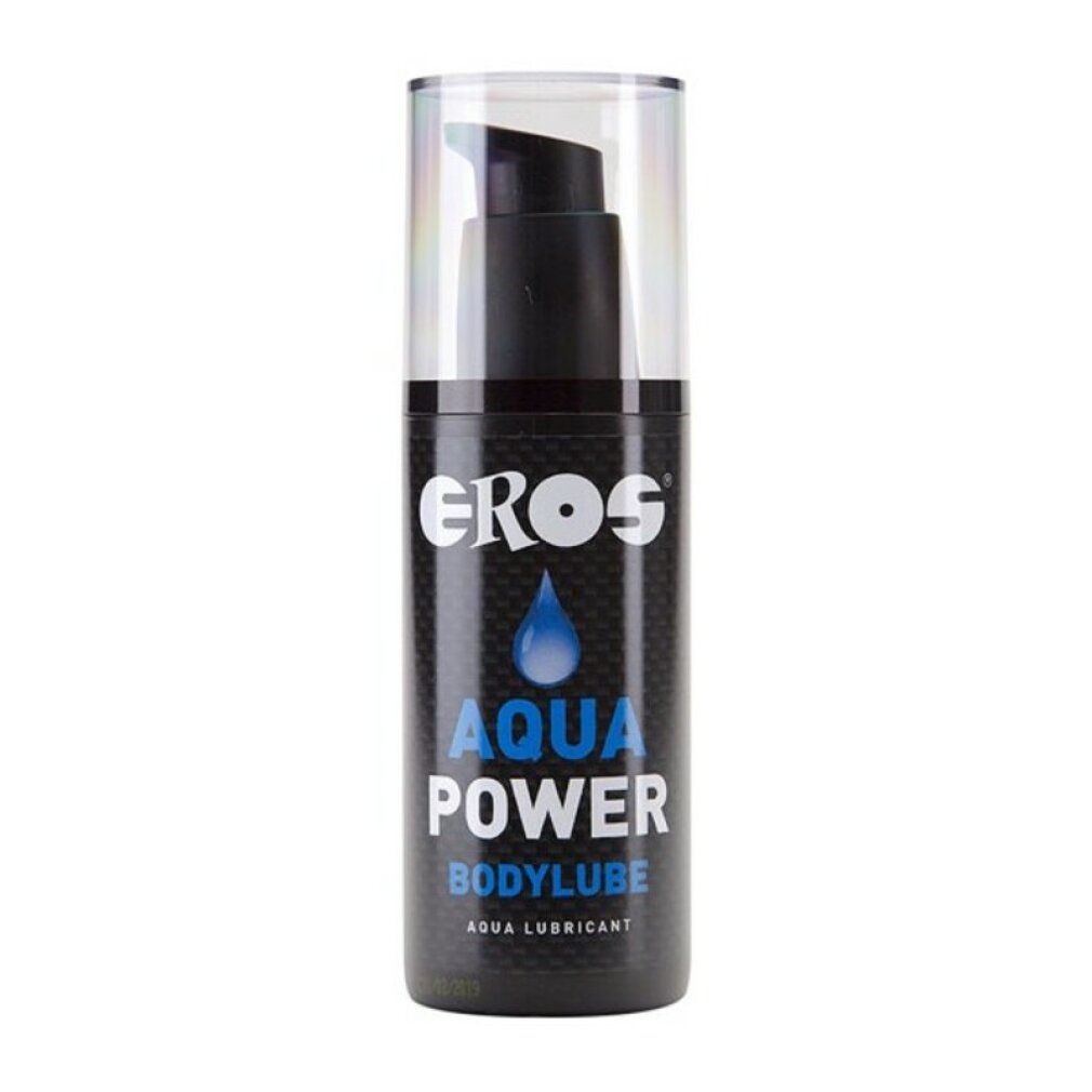 Flacone nero con dosatore a pompa. Scritta: EROS, AQUA POWER, BODYLUBE. Grafica goccia blu.