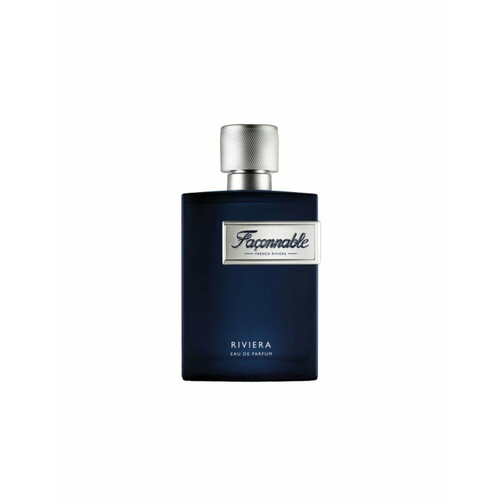 Flacone blu scuro con tappo argentato. Scritta: Façonnable Riviera Eau de Parfum.